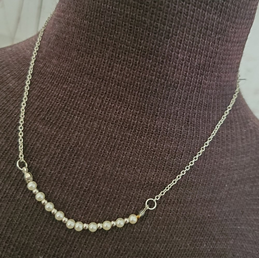 Delicate silvertone white faux pearl necklace 16 to 19 inches long